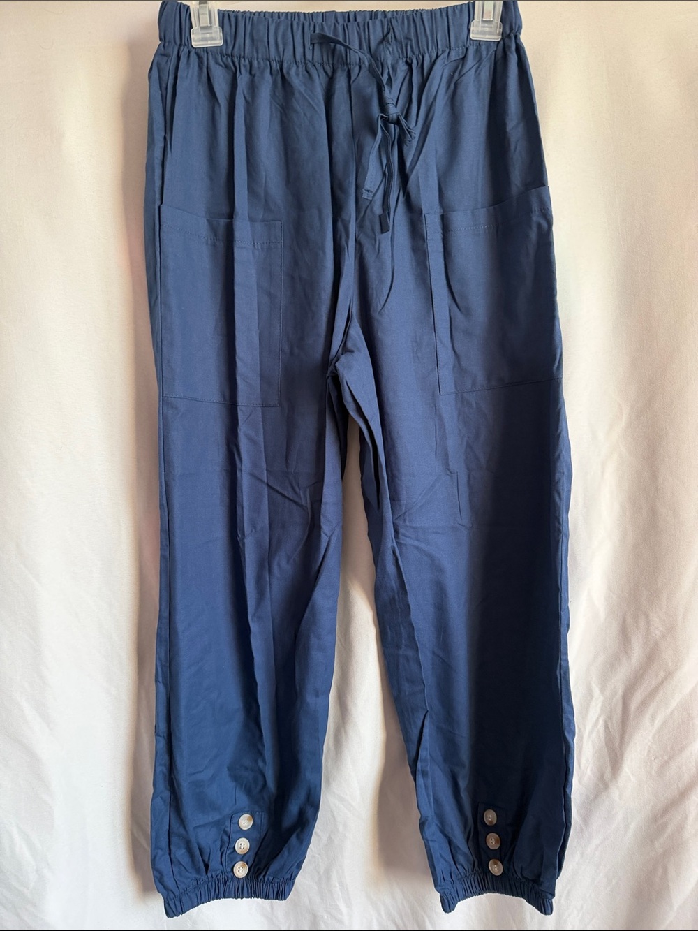 Women's Navy Drawstring Jogger Pants with Button Cuff